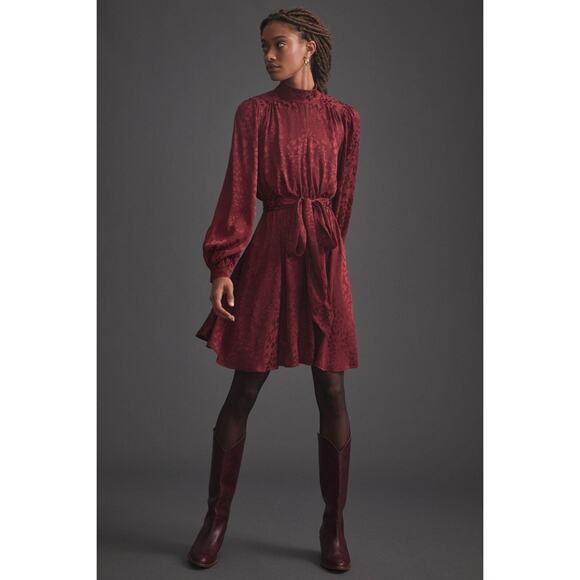 Anthropologie Red Jacquard Leopard Long Sleeve Keyhole Fit & Flare Mini Dress S - Picture 1 of 6
